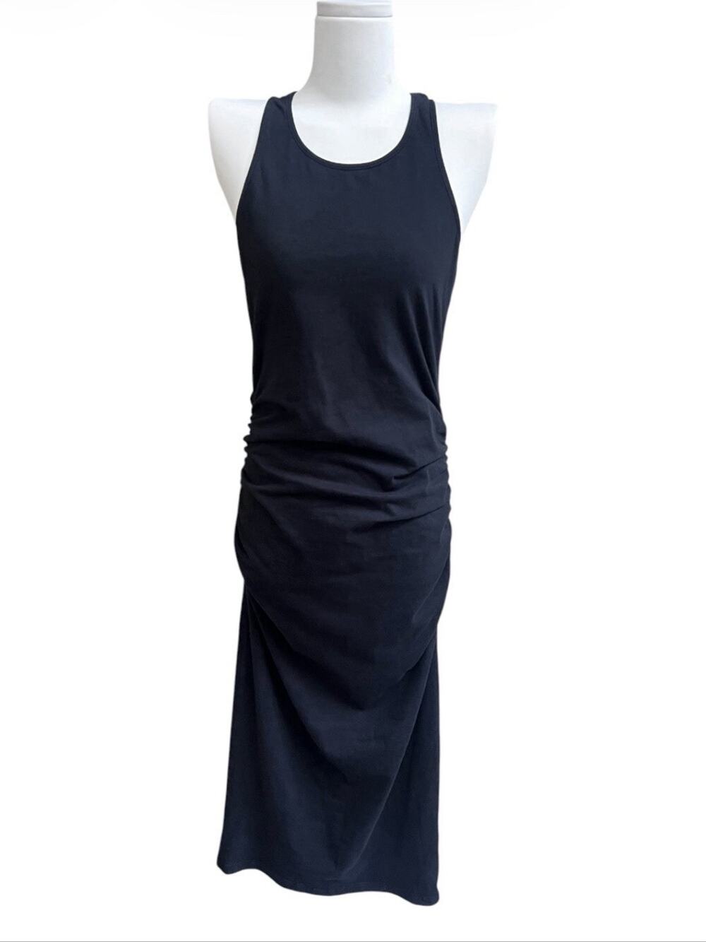 Michael Stars Womens Sz M Black Ruched Racerback Midi Bodycon Tank Dress 9579